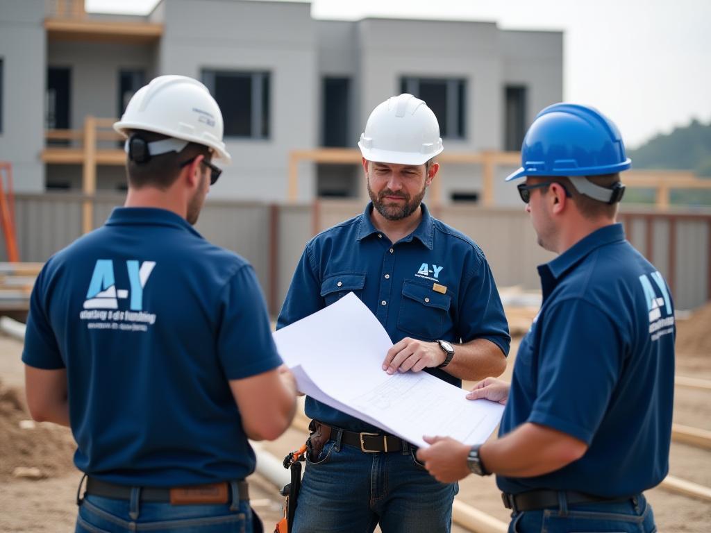 A-Y Plumbing team members discussing plans on a construction site, demonstrating professionalism and collaboration.