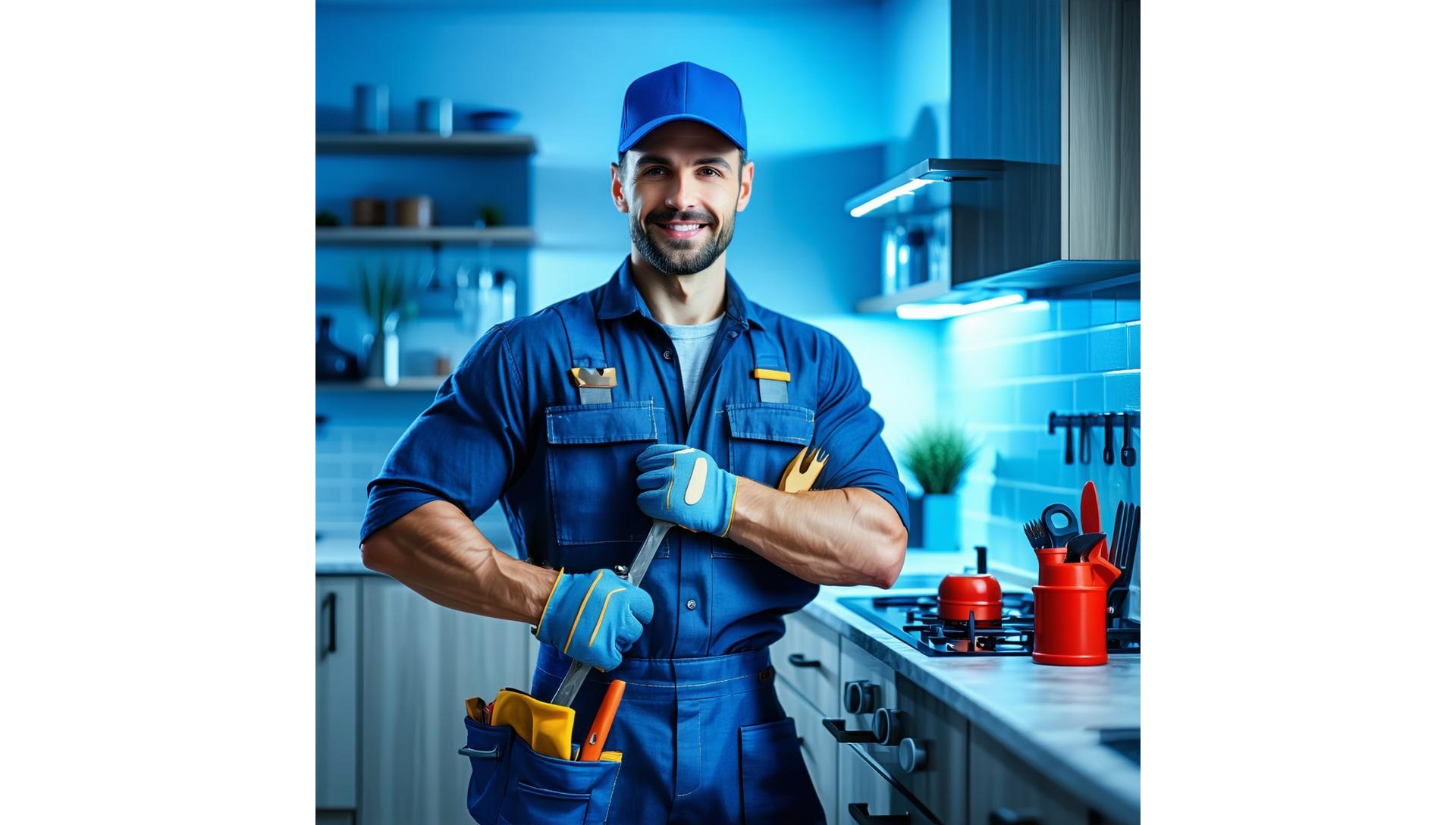 Professional plumber responding to an emergency, holding a wrench in a modern home setting, with subtle blue filter.