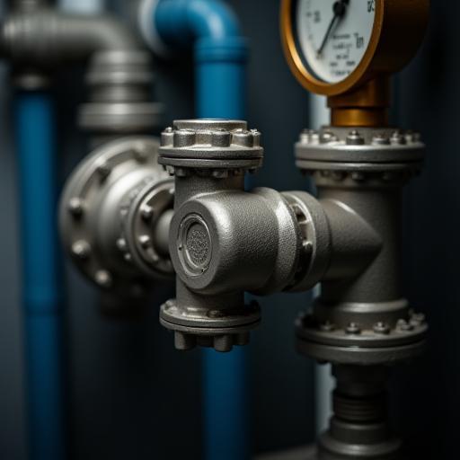 Close-up of a backflow prevention device with pipes and gauges, being inspected by a technician.