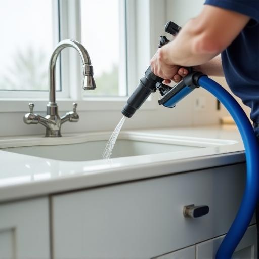 Plumber using a high-pressure hose to clear a stubborn drain clog in a residential kitchen sink.
