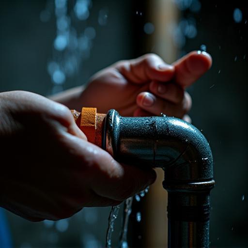 Plumber quickly responding to a burst pipe in a dimly lit basement.