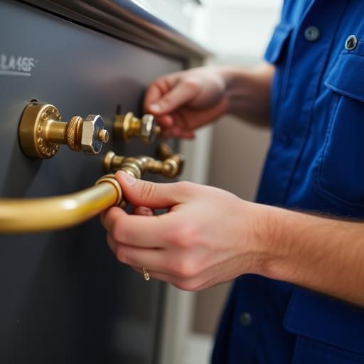 Technician inspecting newly installed gas lines for a residential appliance.