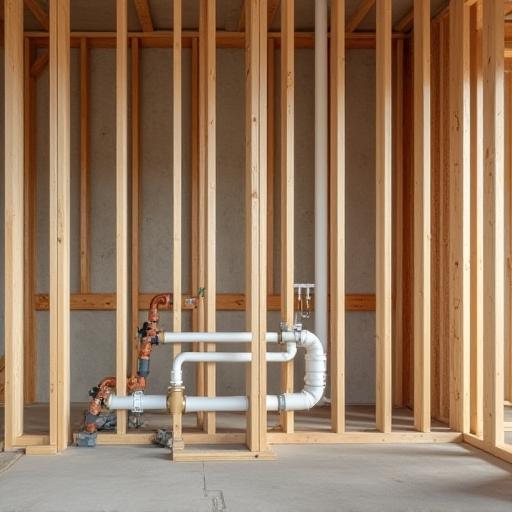 New plumbing system being installed in a building under construction, showing pipes within wall studs.