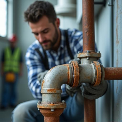 Worker repairing a corroded water pipe in a commercial building, focusing on new connections.