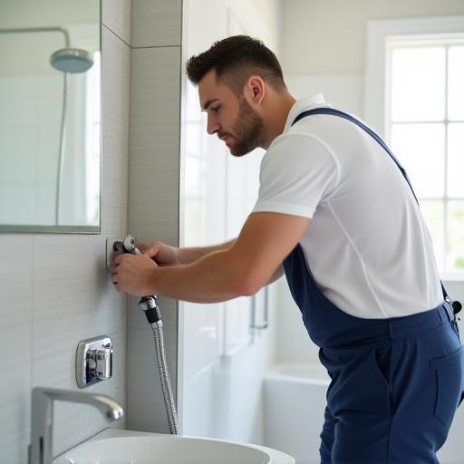 Plumber working on new plumbing fixtures in a modern bathroom renovation, with new tiles visible.