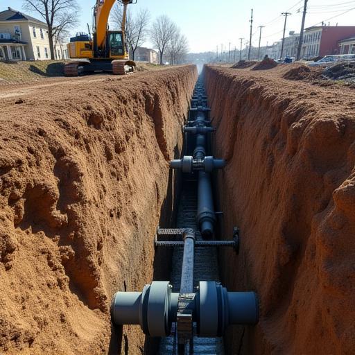 Sewer lateral pipes exposed during a conversion project, showing underground infrastructure.