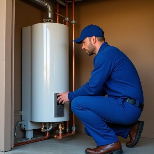 New water heater being installed in a residential garage by a plumber.